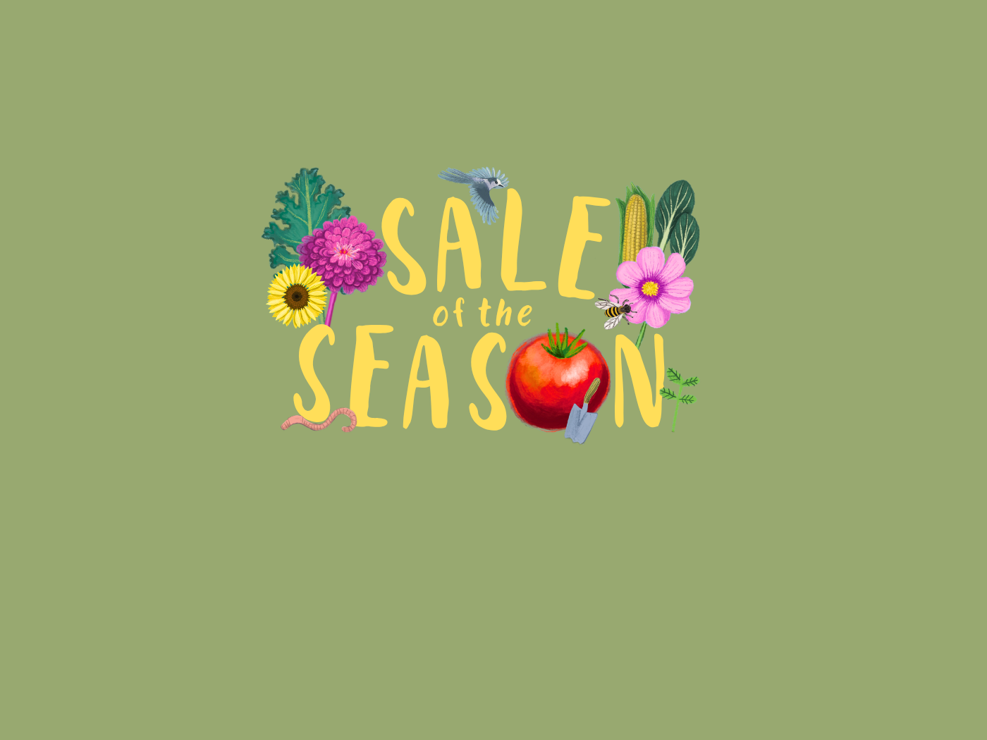 Promotional graphic with 'Sale of the Season' text surrounded by fruits, vegetables, and flowers on a green background.